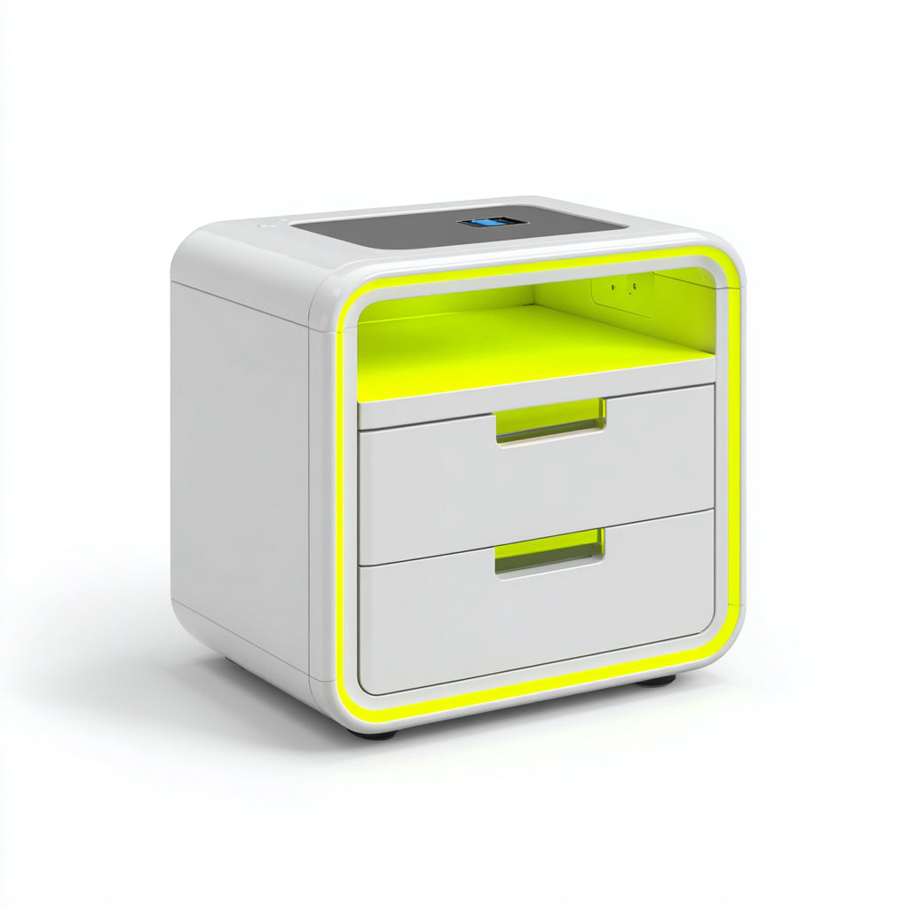 Comodino per camera da letto in legno con 2 cassetti e vano aperto 45x38x55 cm - bianco con dettagli giallo neon - stile moderno con illuminazione LED