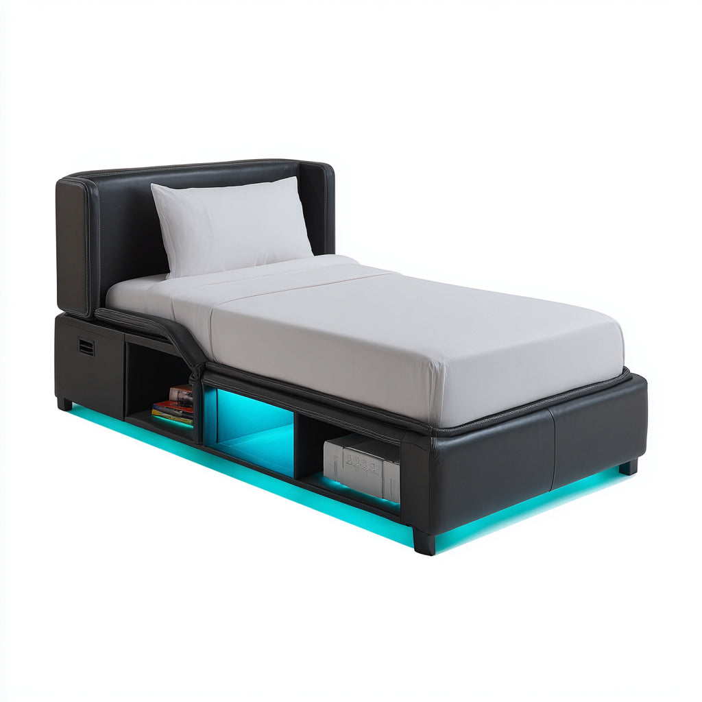 Letto singolo imbottito in vera pelle con contenitori 200x90x95 cm - nero - design moderno per camera da letto