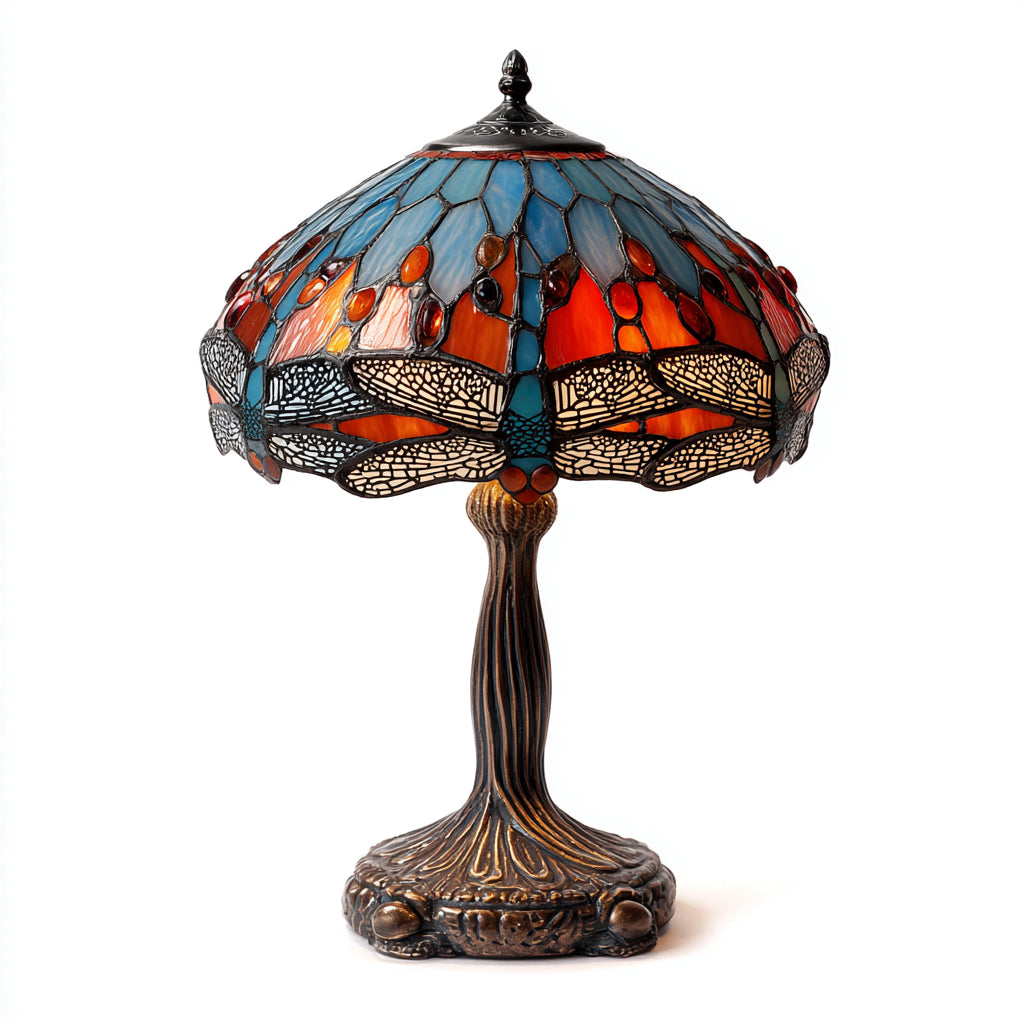 Lampada da tavolo Tiffany in vetro colorato e metallo 30x30x46 cm - blu - arancione - stile classico decorativo per soggiorno e camera da letto