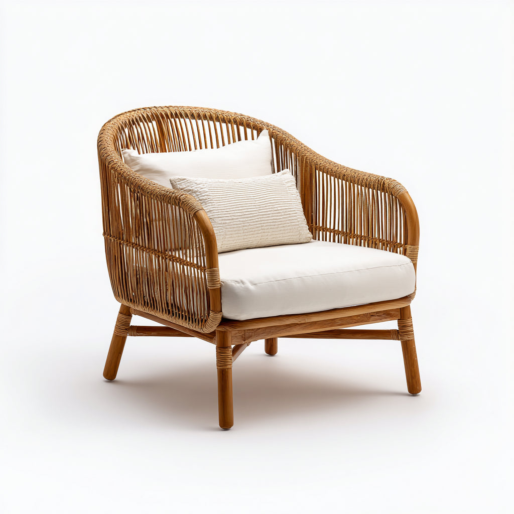 Poltrona da giardino rattan intrecciato e legno con seduta imbottita 72x70x78 cm - beige - stile moderno per esterni