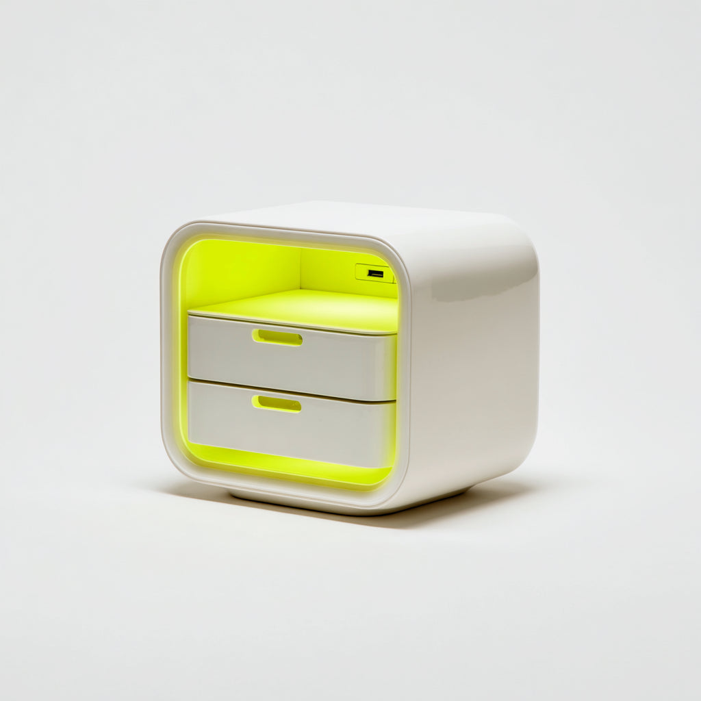 Comodino per camera da letto in legno con 2 cassetti e vano aperto 42x36x48 cm - bianco con dettagli giallo neon - stile moderno con illuminazione LED
