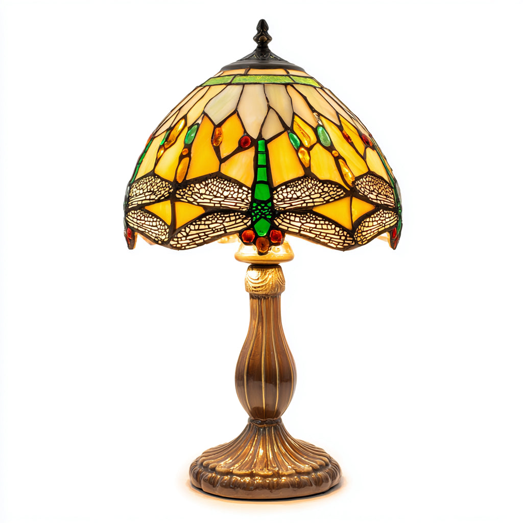 Lampada da tavolo Tiffany in vetro colorato e metallo 30x30x45 cm - giallo - verde - stile classico decorativo per soggiorno e camera da letto