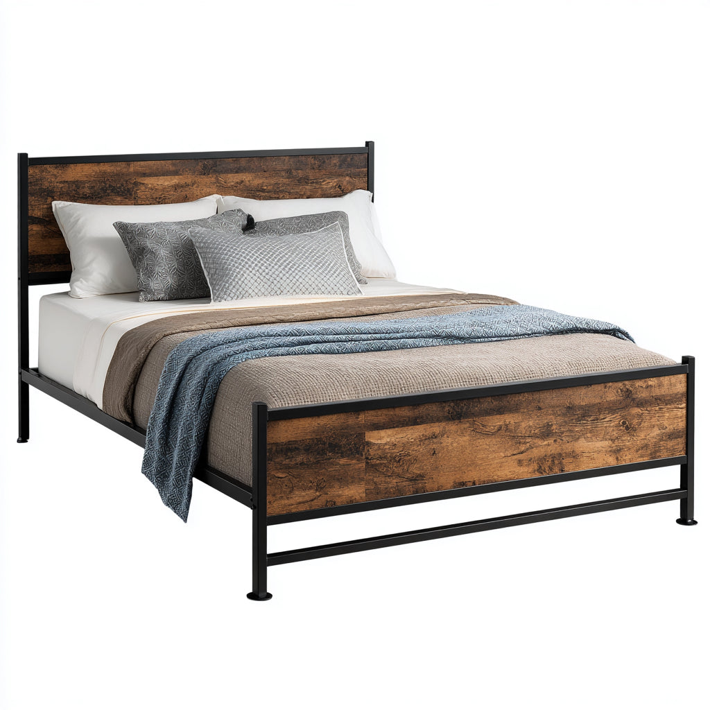 Letto matrimoniale in metallo con pannelli effetto legno 200x180x136 cm - nero - marrone - stile industriale per camera da letto