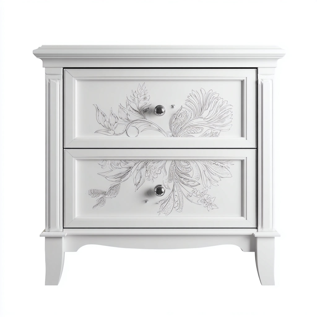 Comodino per camera da letto in legno con 2 cassetti 52x38x58 cm - bianco - stile classico decorato
