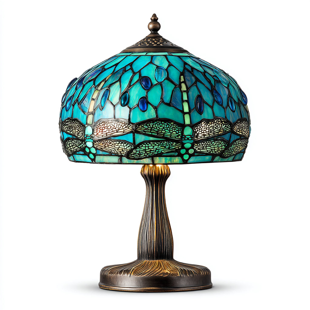 Lampada da tavolo Tiffany in vetro colorato e metallo 30x30x45 cm - azzurro - verde - stile classico decorativo per soggiorno e camera da letto