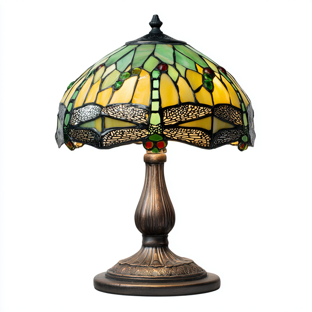 Lampada da tavolo Tiffany in vetro colorato e metallo 30x30x45 cm - verde - giallo - stile classico decorativo per soggiorno e camera da letto
