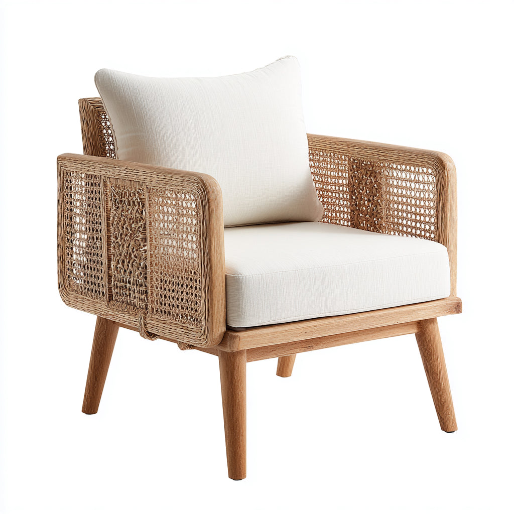 Poltrona da giardino legno e rattan intrecciato con seduta imbottita 70x68x75 cm - beige - stile moderno per esterni