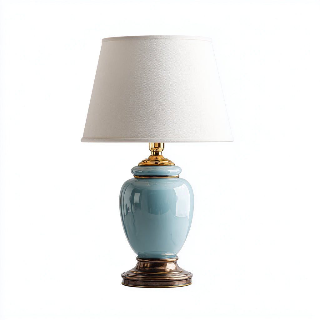 Lampada da tavolo in ceramica e tessuto 28x28x52 cm - azzurro - bianco - oro - stile classico per soggiorno e camera da letto