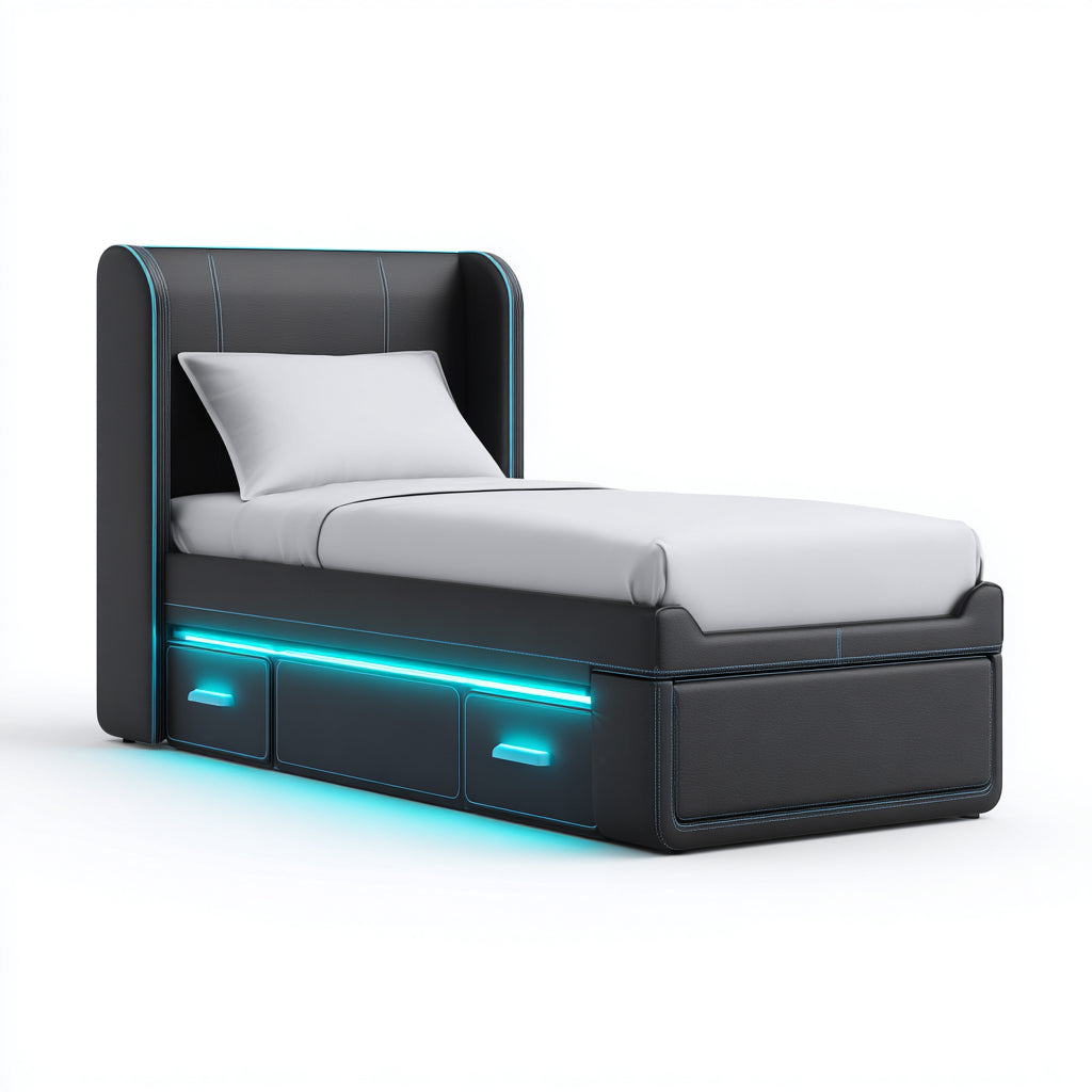 Letto singolo imbottito in vera pelle con contenitori e illuminazione LED 200x90x95 cm - nero - design moderno per camera da letto