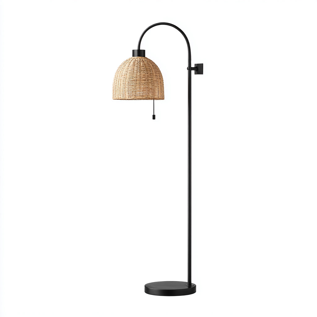 Lampada da terra in metallo e rattan 38x38x165 cm - nero - beige - illuminazione per soggiorno - design naturale